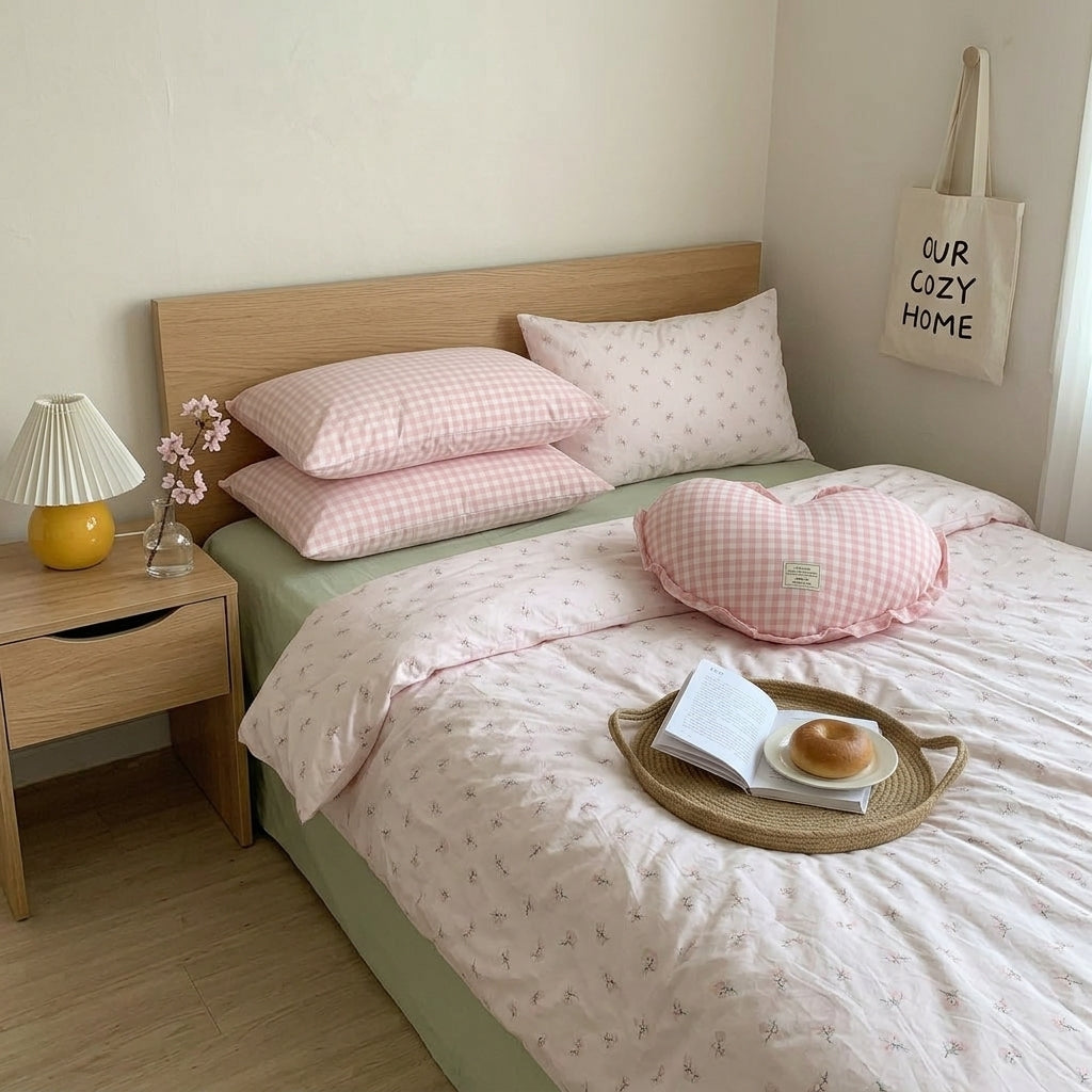 Floral Pink Gingham Washed Cotton Bedding Set Pastel Country Style 4-Piece Sheet Set for Bedroom G74