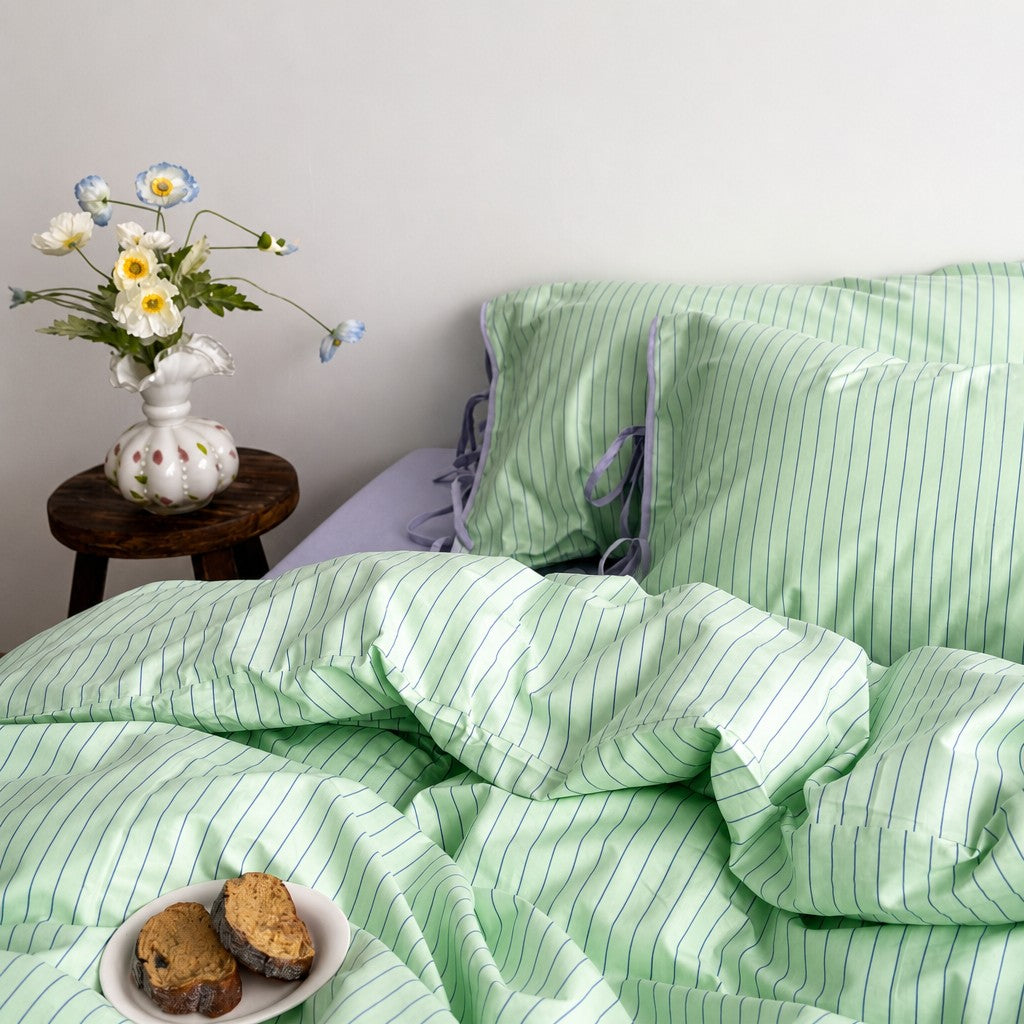 Vintora Modern Green Stripe Cotton Bed Linen Set G95