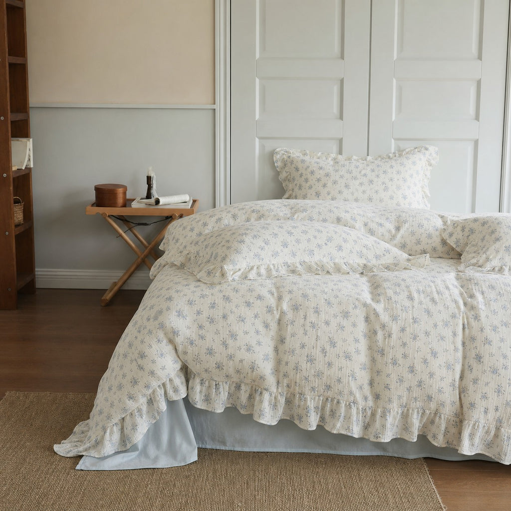 Roselle Soft Blue Floral Cotton Bedding Set with Ruffle Edge G115