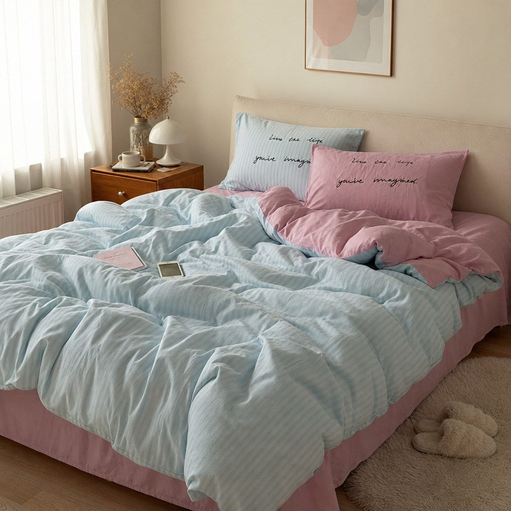 Vintora Washed Cotton Striped Bedding Set Soft Breathable Cotton Minimalist Set G94