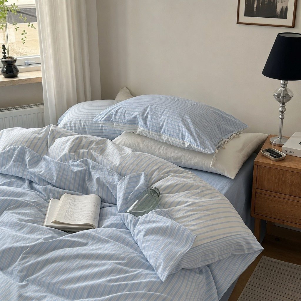 Vintora Blue Stripe Washed Cotton Bedding Set Breathable All Season Bed Linen G93