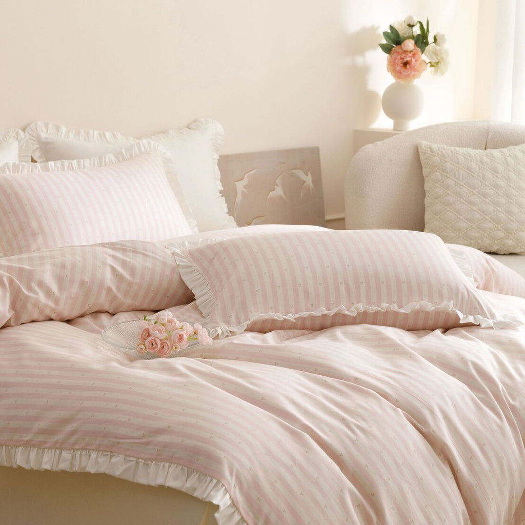 Roselle Pink and White Striped Cotton Bedding Set with Ruffle Trim G112