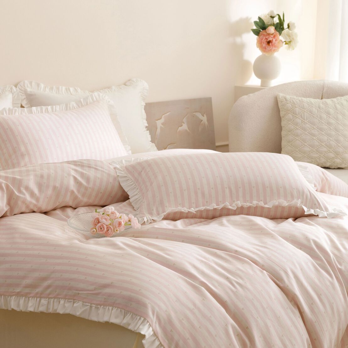 Roselle Pink and White Striped Cotton Bedding Set with Ruffle Trim G112