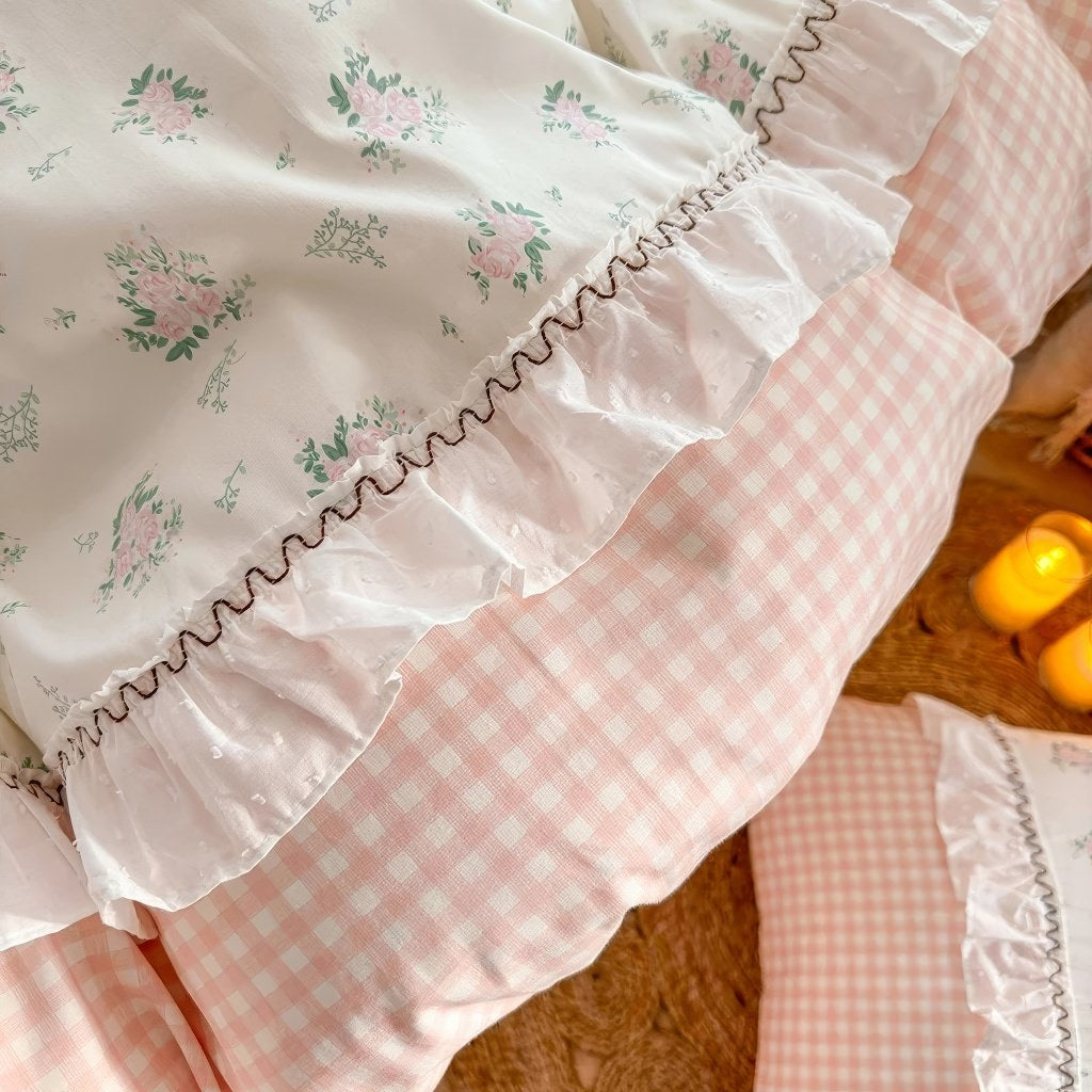 Kawaii Grandma Pink Plaid Bedding Duvet Cover Set