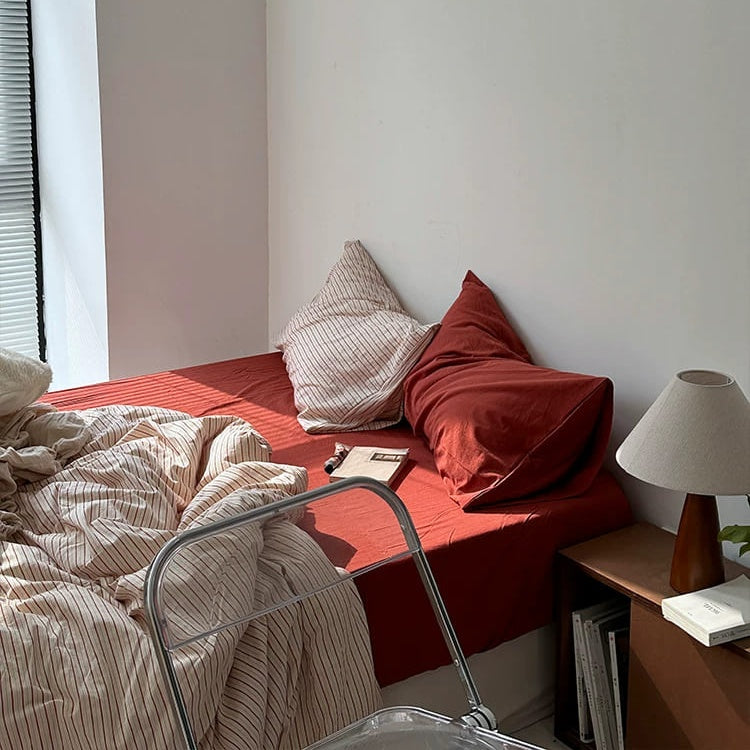Vintora Red Beige Striped Cotton Bedding Set Minimalist Style for Bedroom Home Decor G83