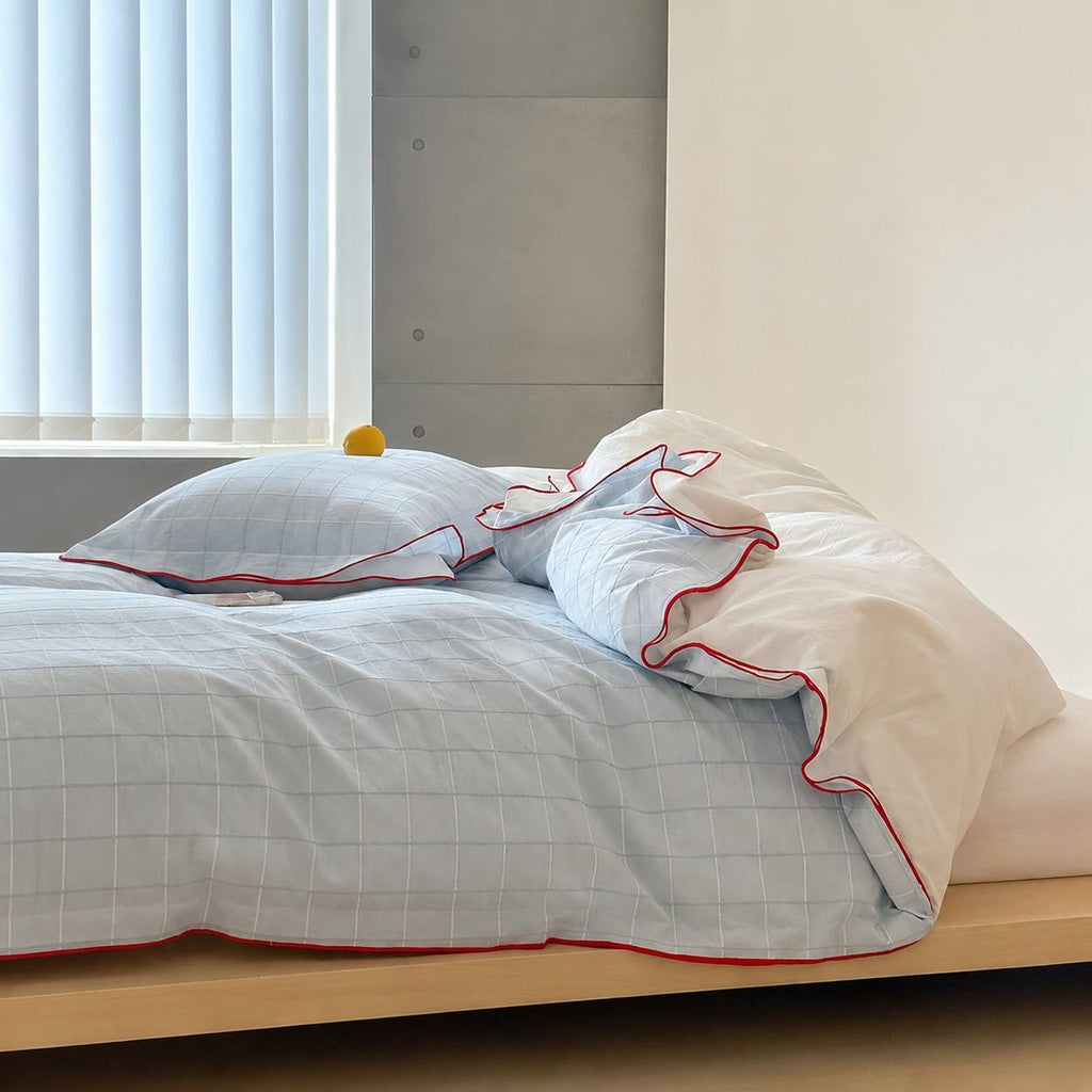 Vintora Simple Retro Blue Plaid Red Double-Sided Cotton Bedding Set G120