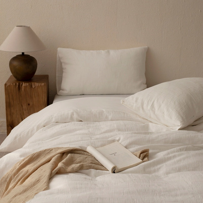 Cottara Pure Cotton White Bedding Set – Textured Japandi Style Bed Linen Set for All Season Home Comfort G64