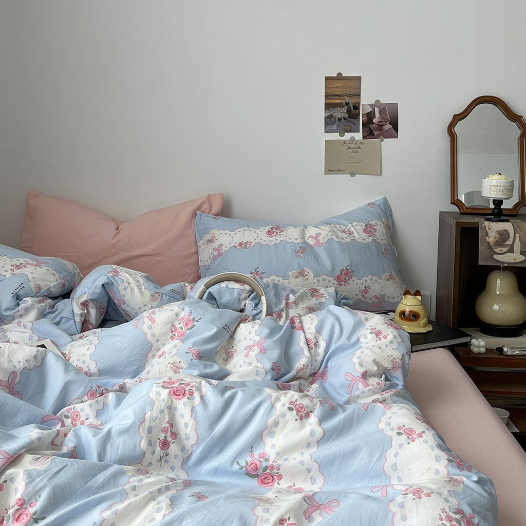 Romantic Blue & Pink Floral Lace Bedding Set