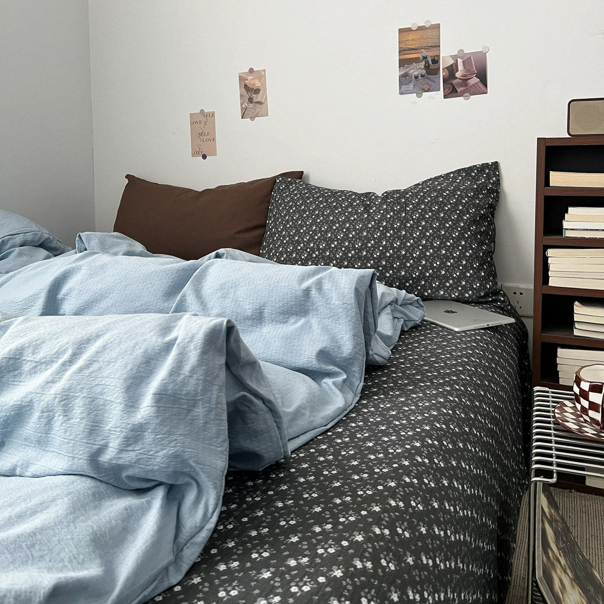 Dark Academia Ditsy Floral & Sky Blue Bedding Set