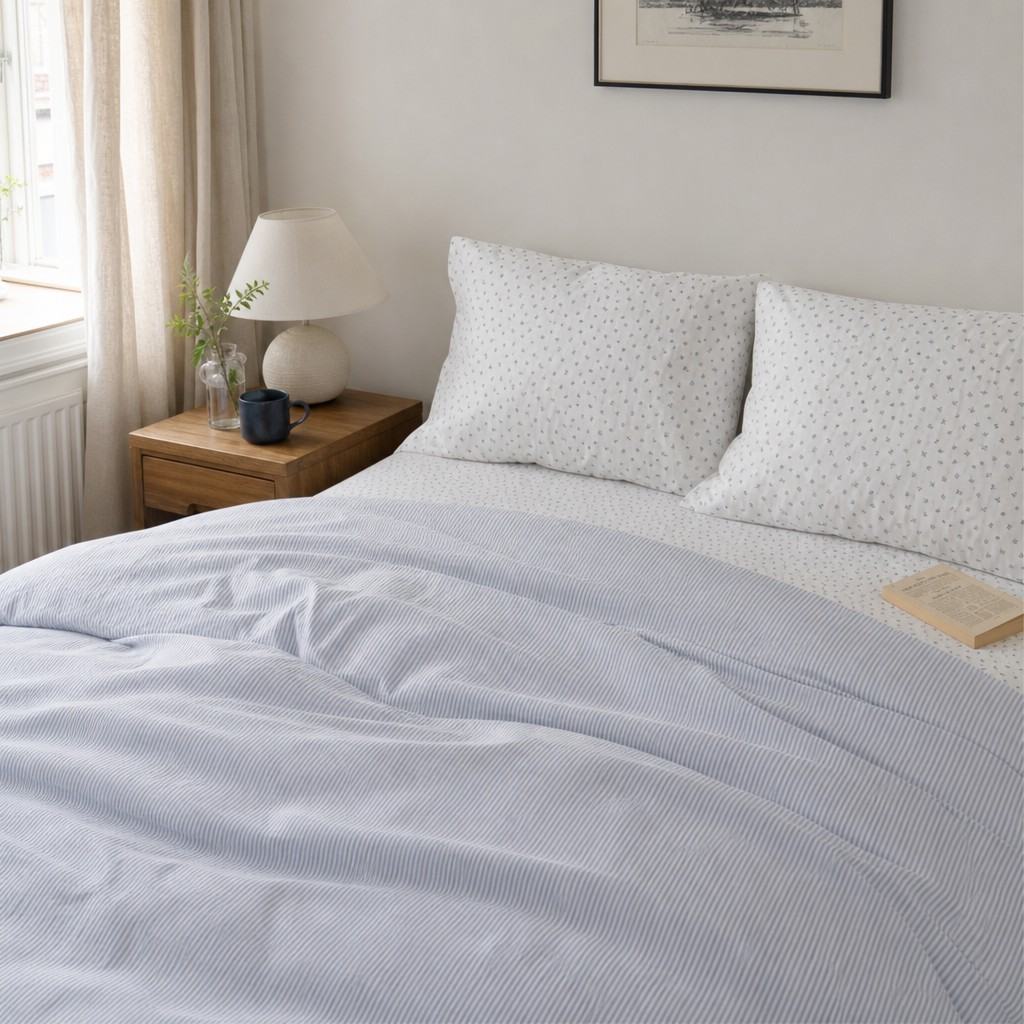Roselle Blue Striped Cotton Bedding Set for All Season Bedroom Comfort G77