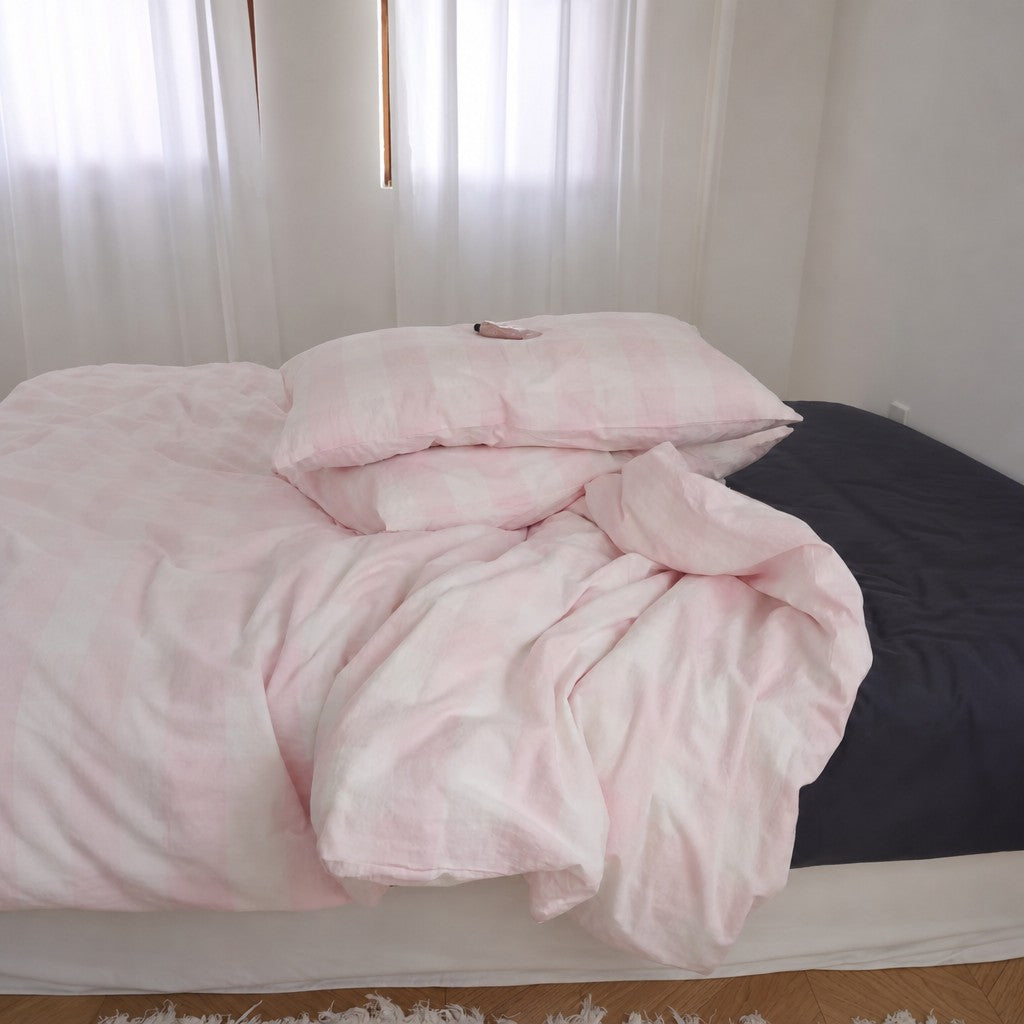 Viatora Pink Plaid Cotton Bedding Set Breathable  Wicking for All Seasons G76