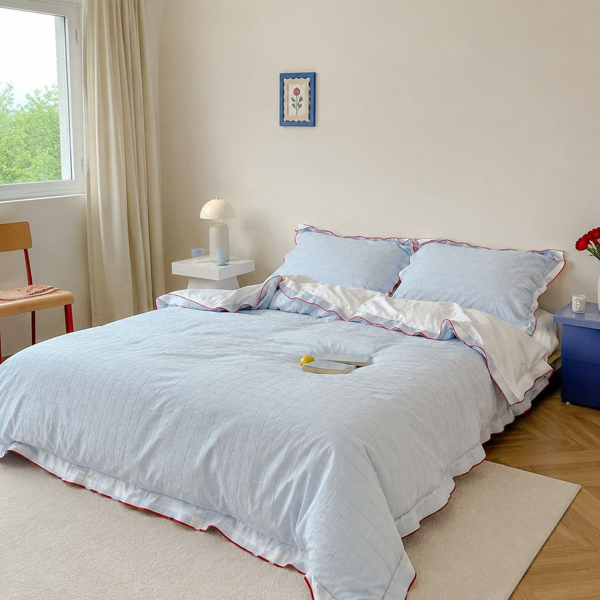 Vintora Simple Retro Blue Plaid Red Double-Sided Cotton Bedding Set G120