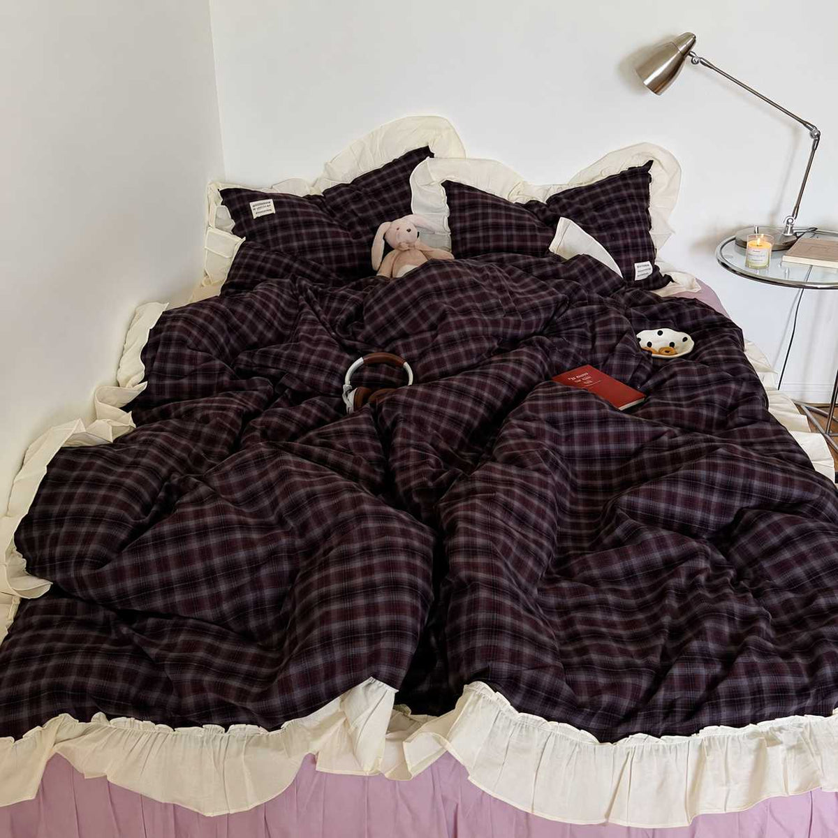Roselle Washed Cotton Gingham Bedding Set with Ruffle Trim G113