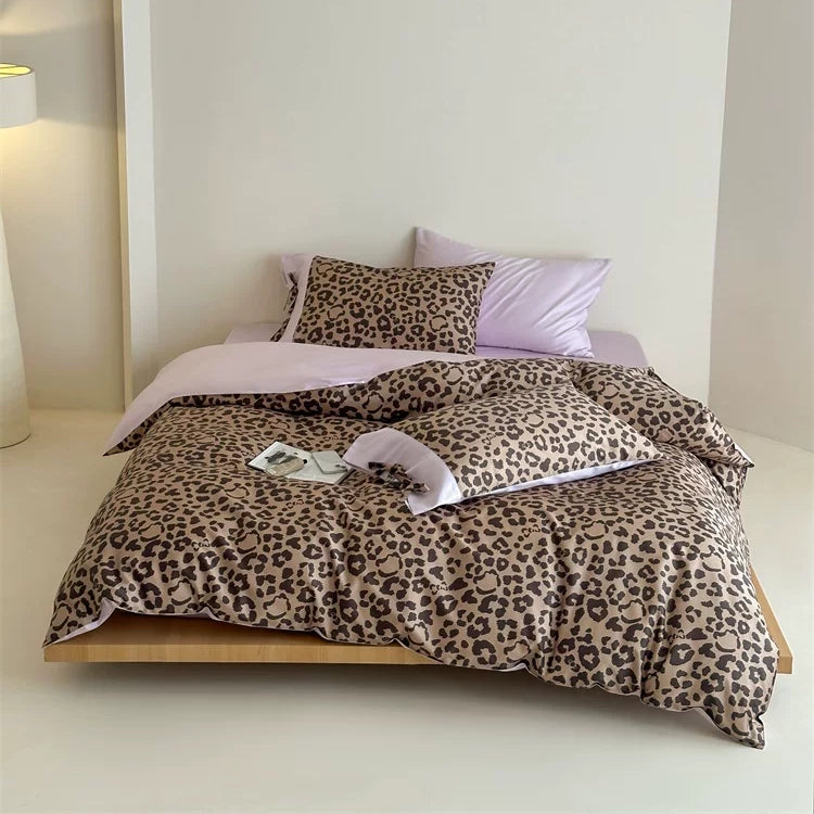 Vireza Coffee Leopard Print Cotton Bedding Set Soft Retro Bed Linen for Cozy Bedrooms G71