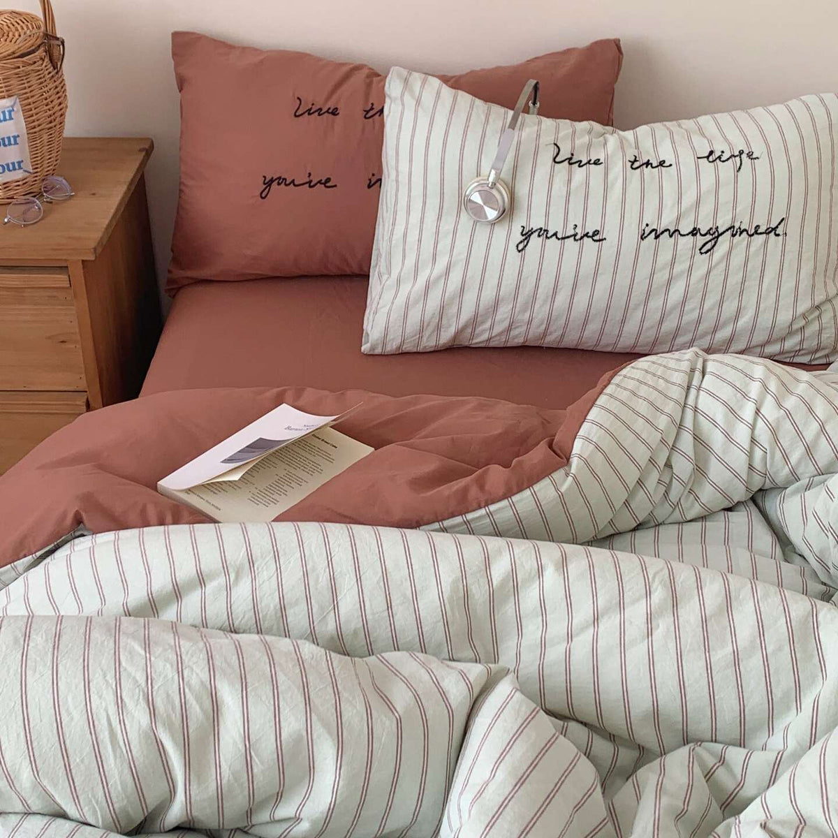 Vintora Washed Cotton Striped Bedding Set Soft Breathable Cotton Minimalist Set G94