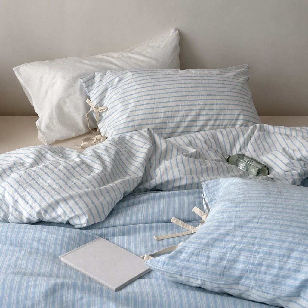 Vintora Blue Stripe Washed Cotton Bedding Set Breathable All Season Bed Linen G93