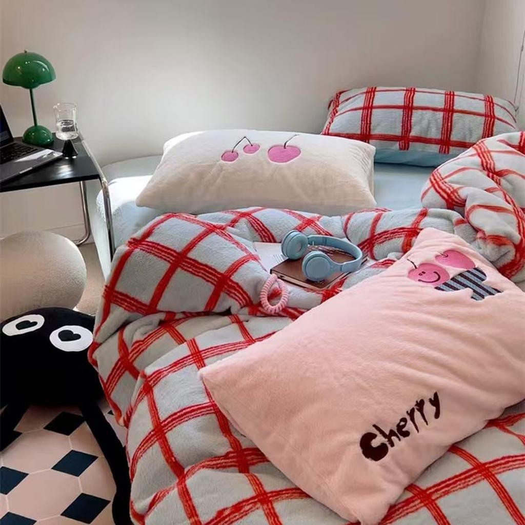 Girly Cherry & Plaid Plush Duvet Cover
