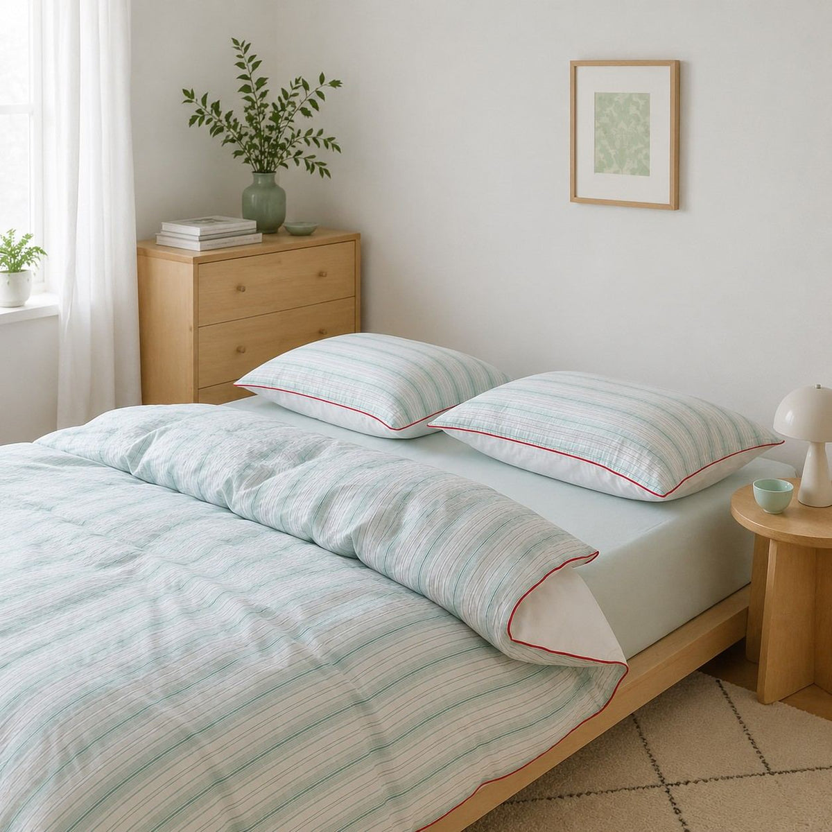 Vintora Mint Green Striped Red-Trimmed Cotton Bedding Set for All Seasons G121