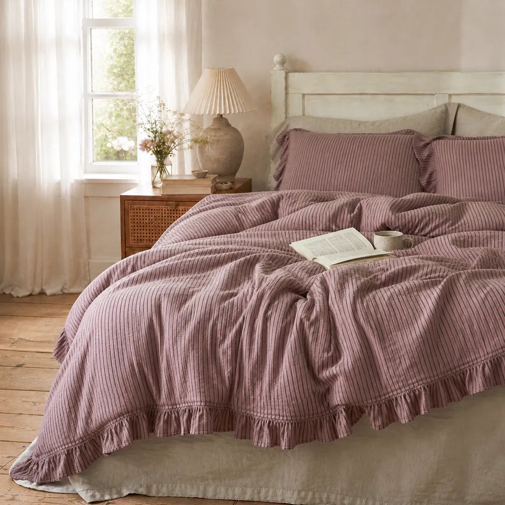 Purple Striped Ruffle Duvet Cover