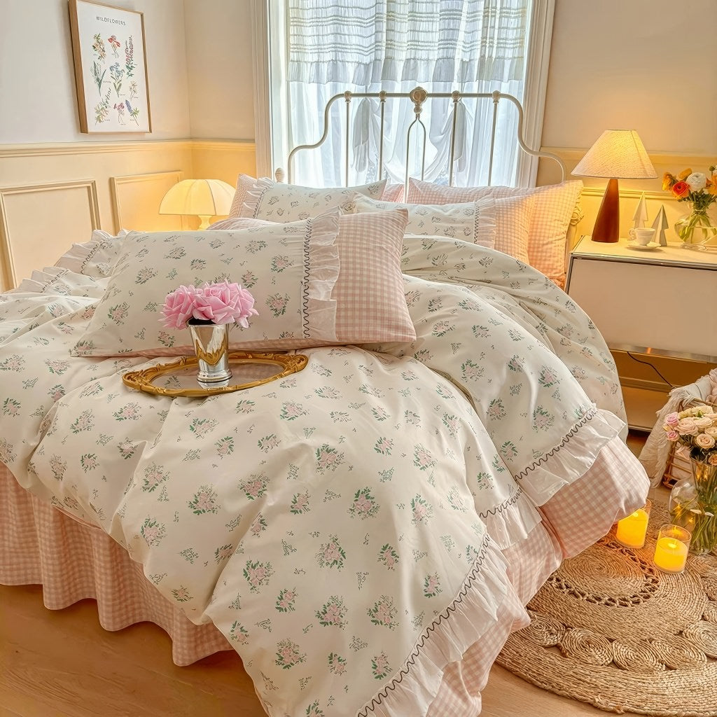Kawaii Grandma Pink Plaid Bedding Duvet Cover Set