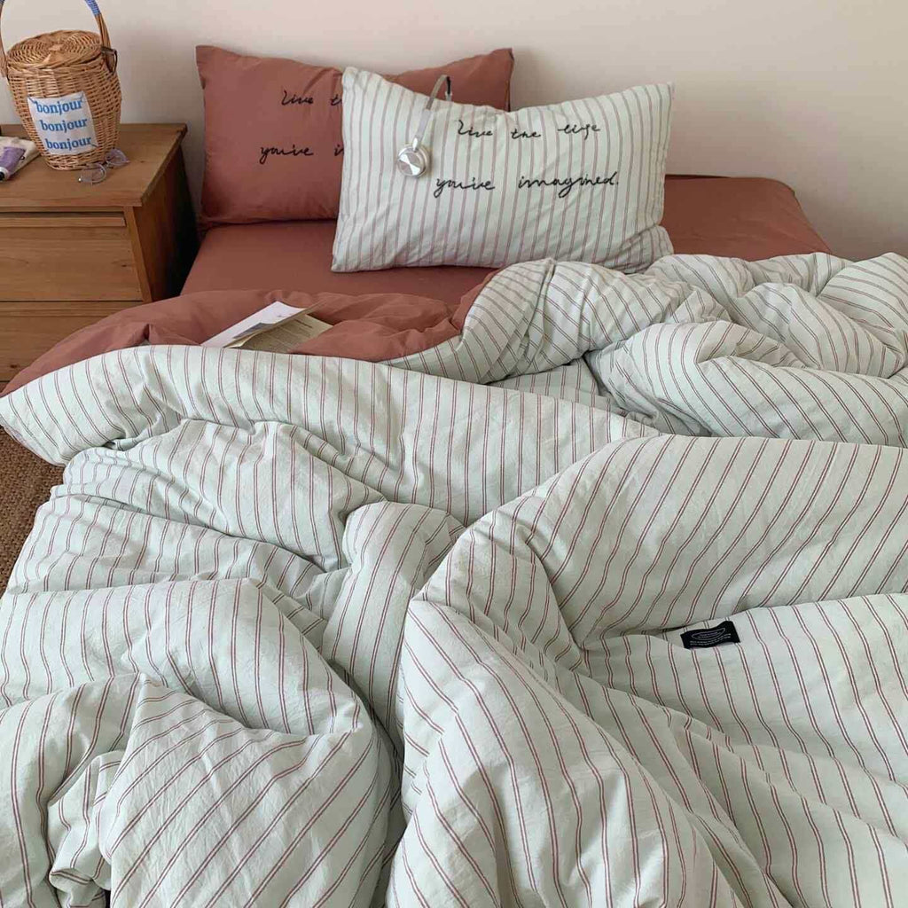 Vintora Washed Cotton Striped Bedding Set Soft Breathable Cotton Minimalist Set G94