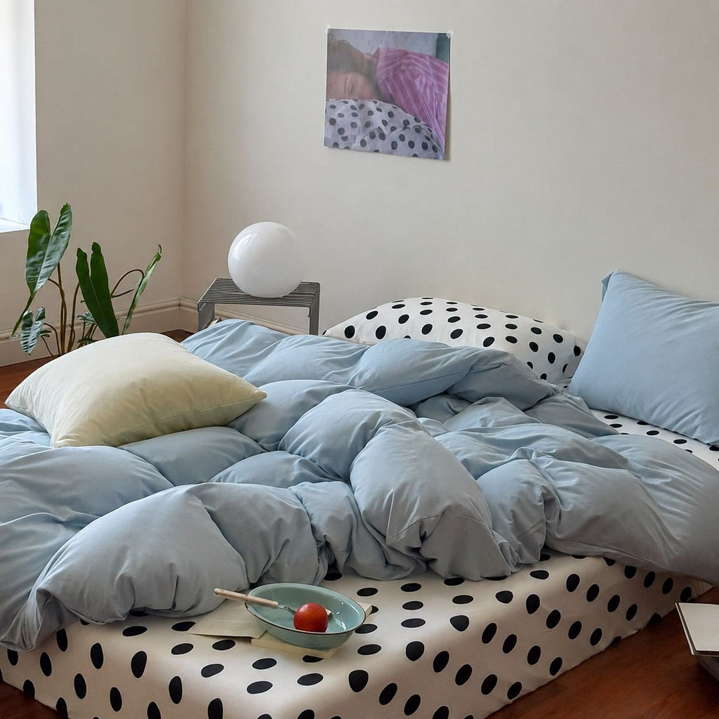 Vireza Black White Polka Dot Blue Cotton Bedding Set for All Season Set G102