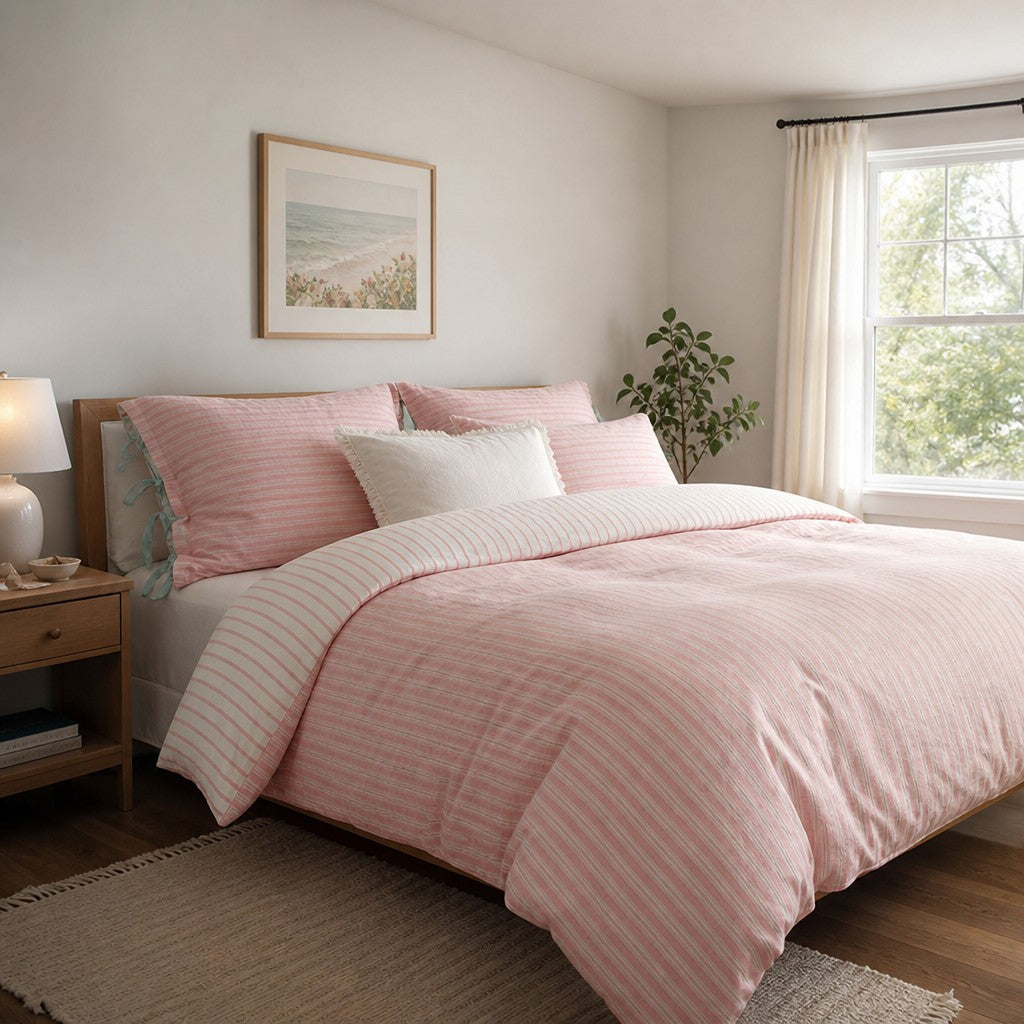 Vintora Cozy Vintage Pink Stripe Cotton Bedding 4 Piece Set