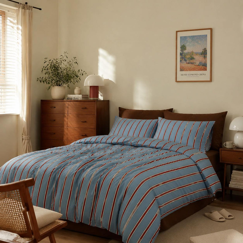 Vintora Vintage Pink and Blue Striped 100% Cotton Bedding Set G105