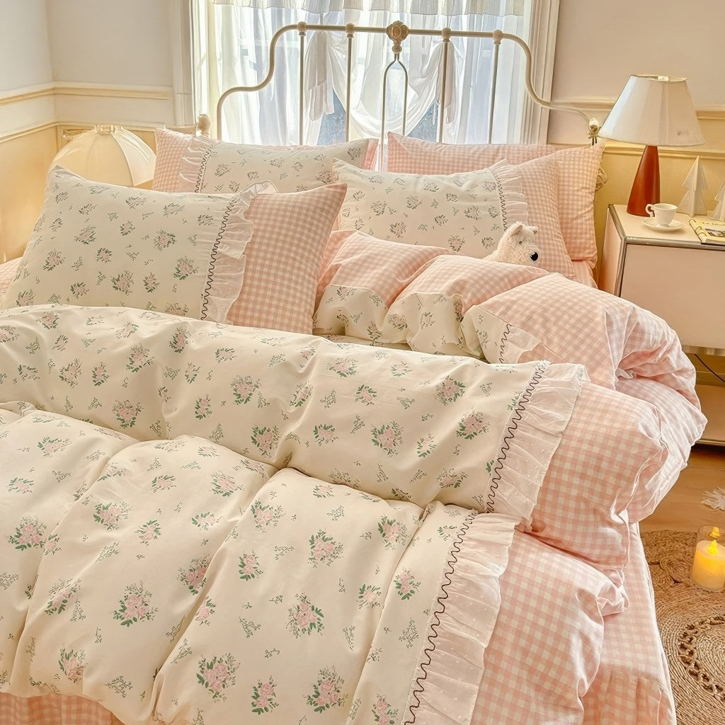 Kawaii Grandma Pink Plaid Bedding Duvet Cover Set