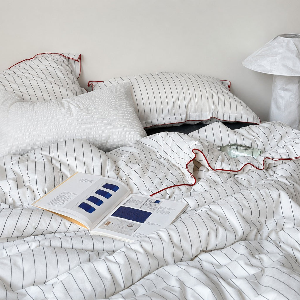 Vintora Minimalist White Striped Washed Cotton Bedding Set for Everyday Comfort G116