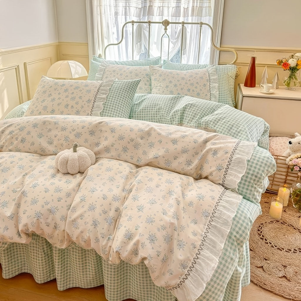 Kawaii Grandma Blue Plaid Bedding Duvet Cover Set