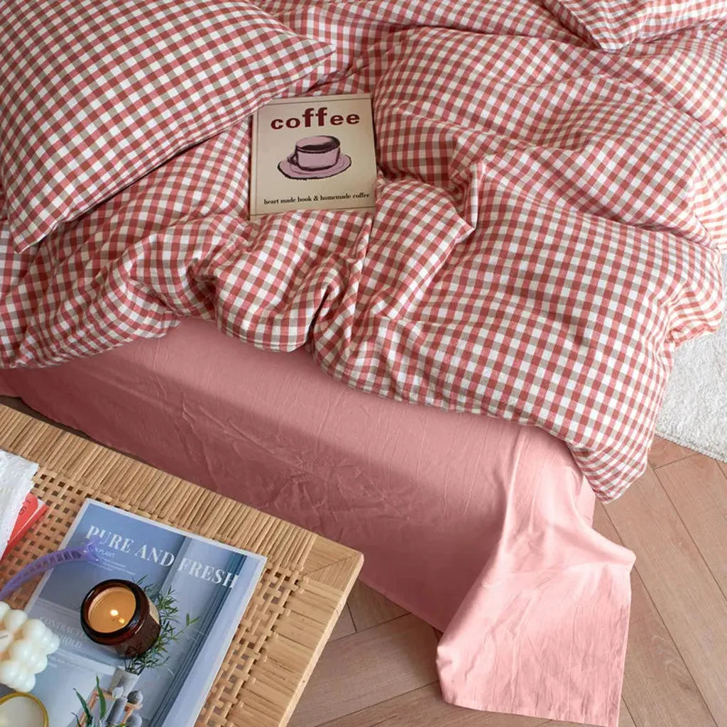 Cotton Small Gingham Bedding Set - Beige