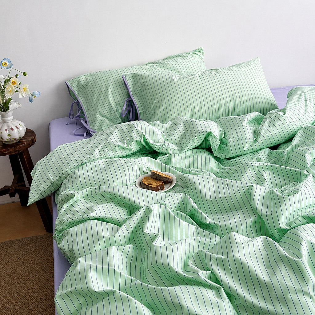 Vintora Modern Green Stripe Cotton Bed Linen Set G95