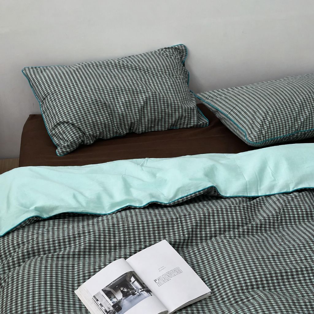 Vintora Nordic Plaid Cotton Bedding Set Vintage Mint Blue Green Bed Linen G84