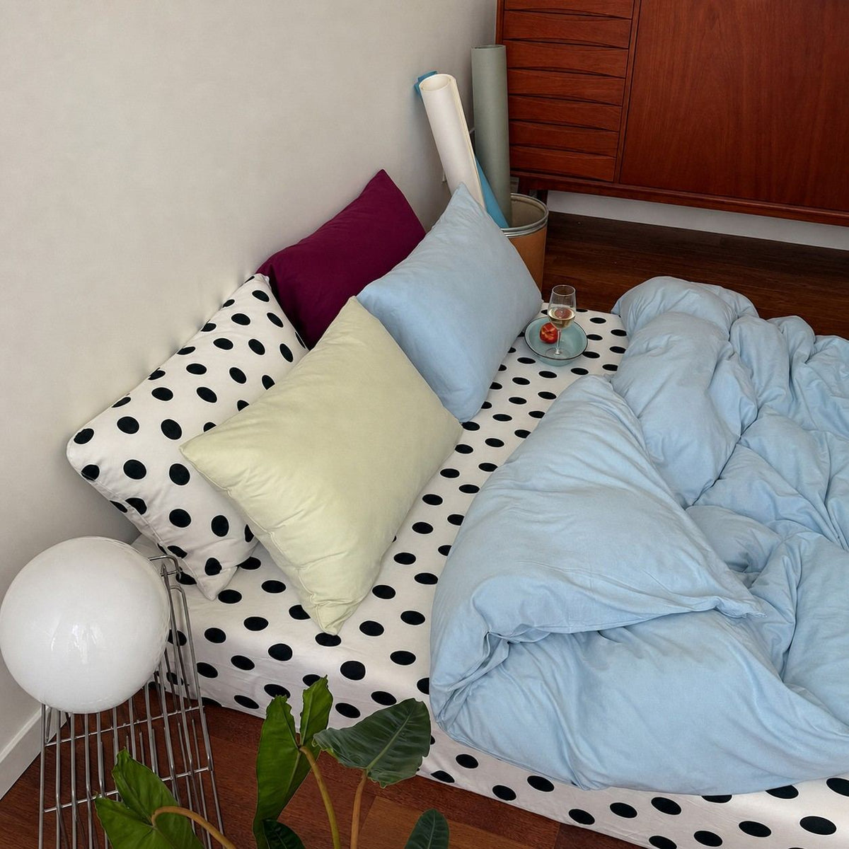 Vireza Black White Polka Dot Blue Cotton Bedding Set for All Season Set G102
