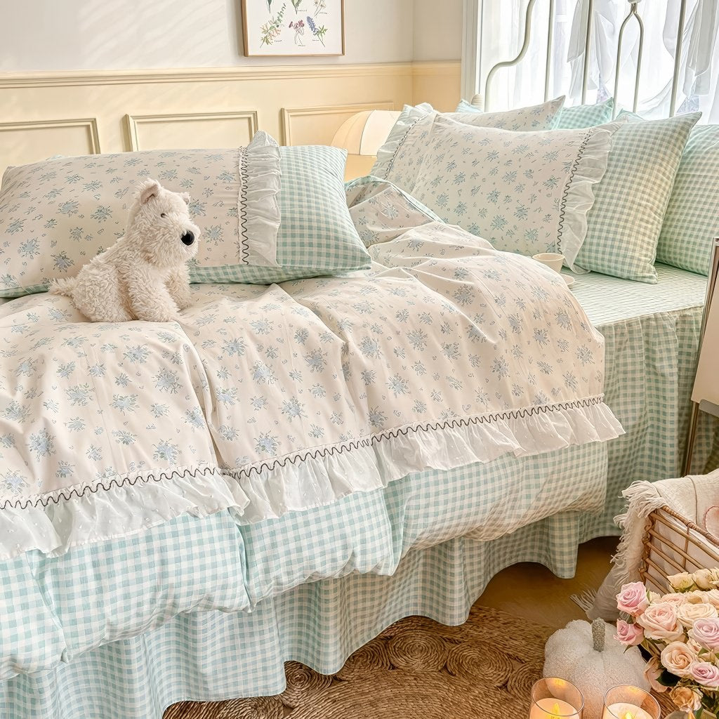 Kawaii Grandma Blue Plaid Bedding Duvet Cover Set