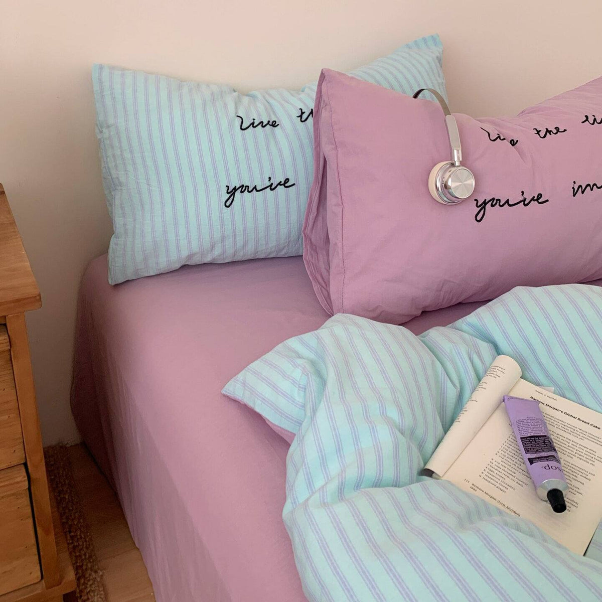 Vintora Washed Cotton Striped Bedding Set Soft Breathable Cotton Minimalist Set G94