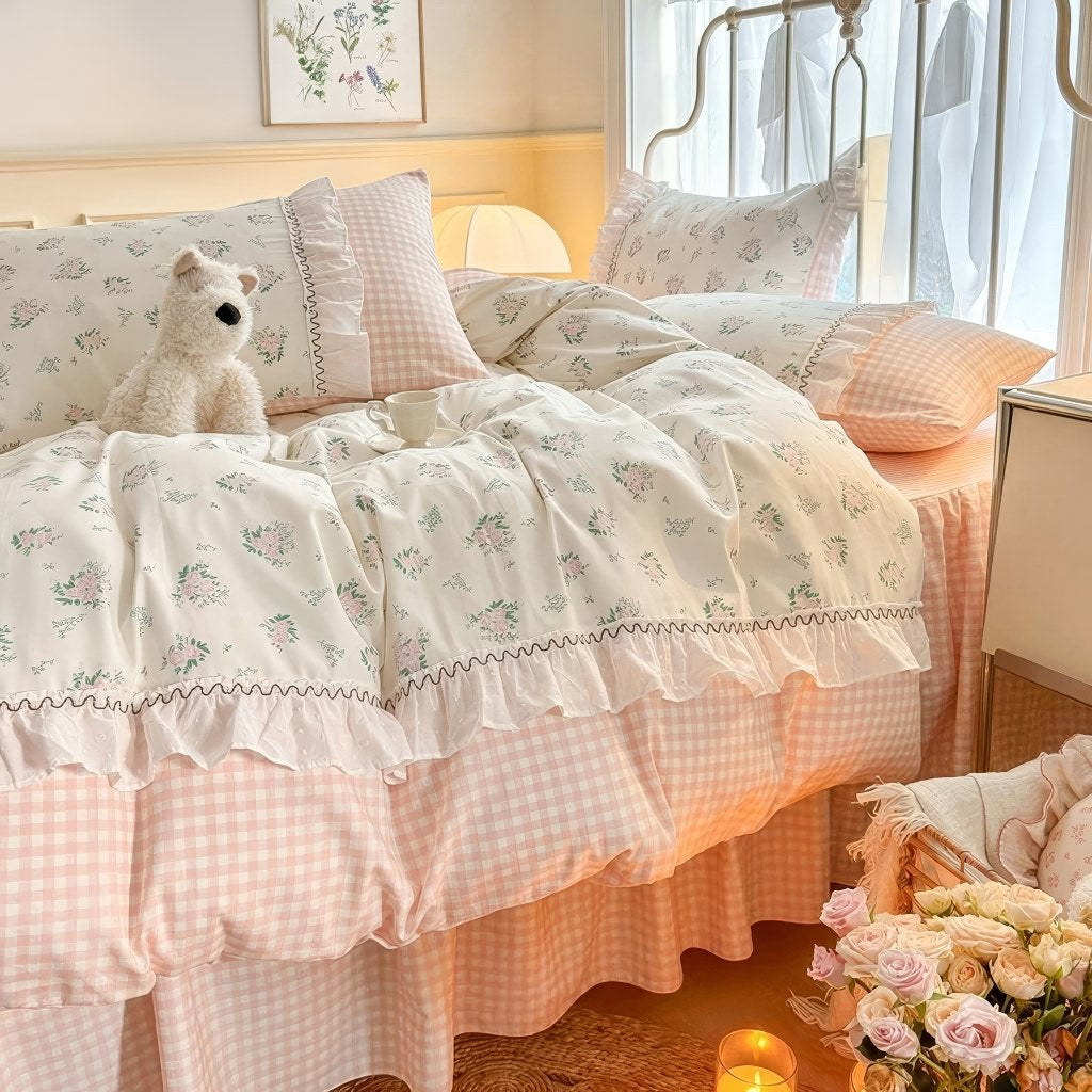 Kawaii Grandma Pink Plaid Bedding Duvet Cover Set