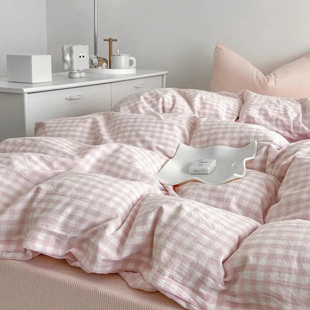 Cotton Small Gingham Bedding Set - Beige
