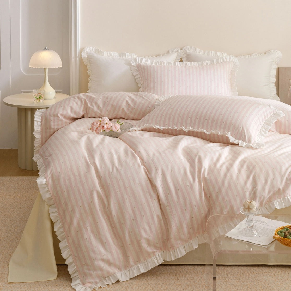 Roselle Pink and White Striped Cotton Bedding Set with Ruffle Trim G112