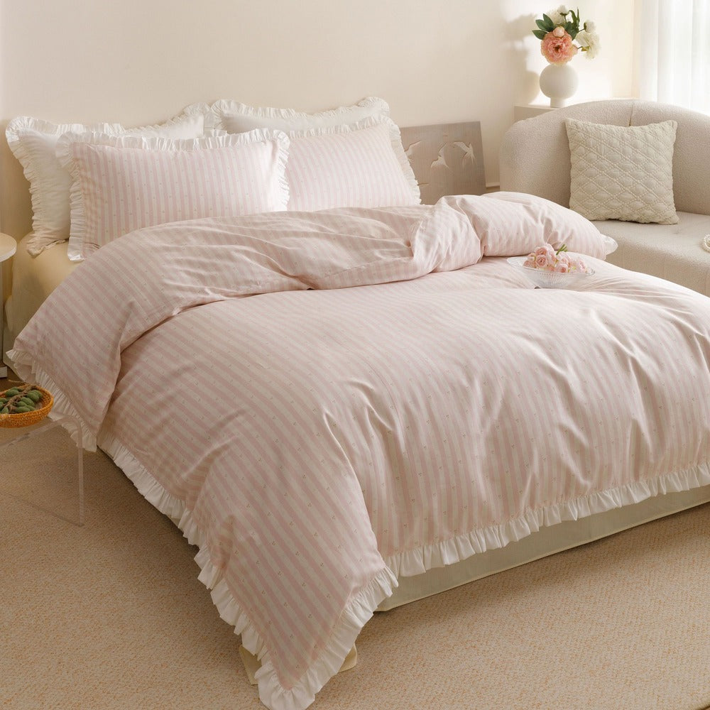 Roselle Pink and White Striped Cotton Bedding Set with Ruffle Trim G112