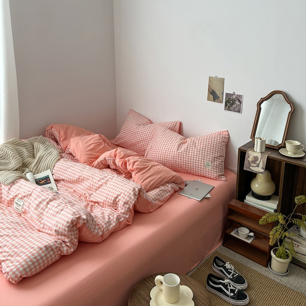 Peachy Pink Gingham Bedding Set