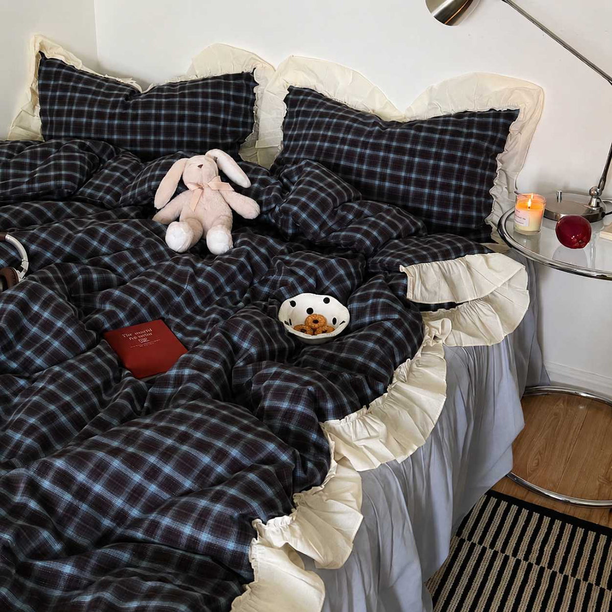 Roselle Washed Cotton Gingham Bedding Set with Ruffle Trim G113