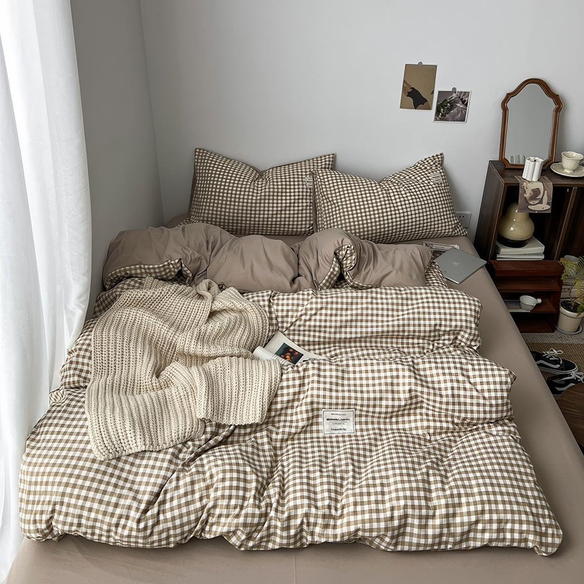 Light Brown Gingham Bedding Set