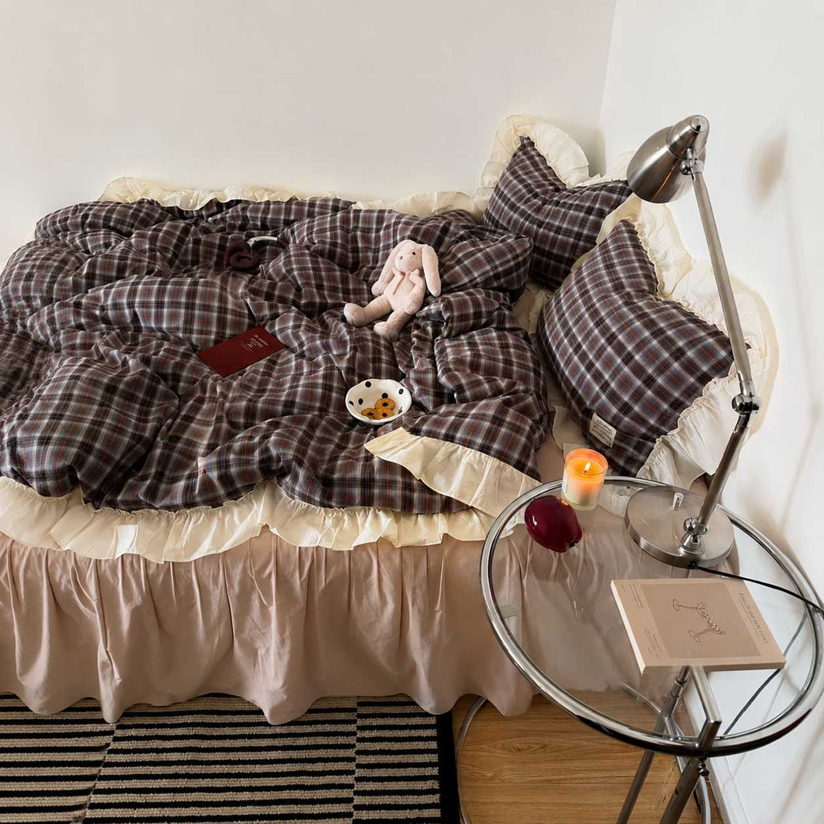 Roselle Washed Cotton Gingham Bedding Set with Ruffle Trim G113