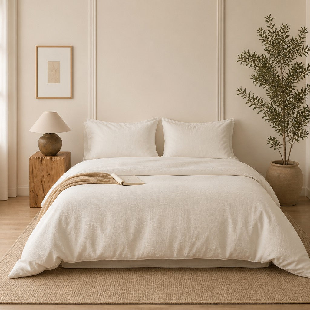 Cottara Pure Cotton White Bedding Set – Textured Japandi Style Bed Linen Set for All Season Home Comfort G64