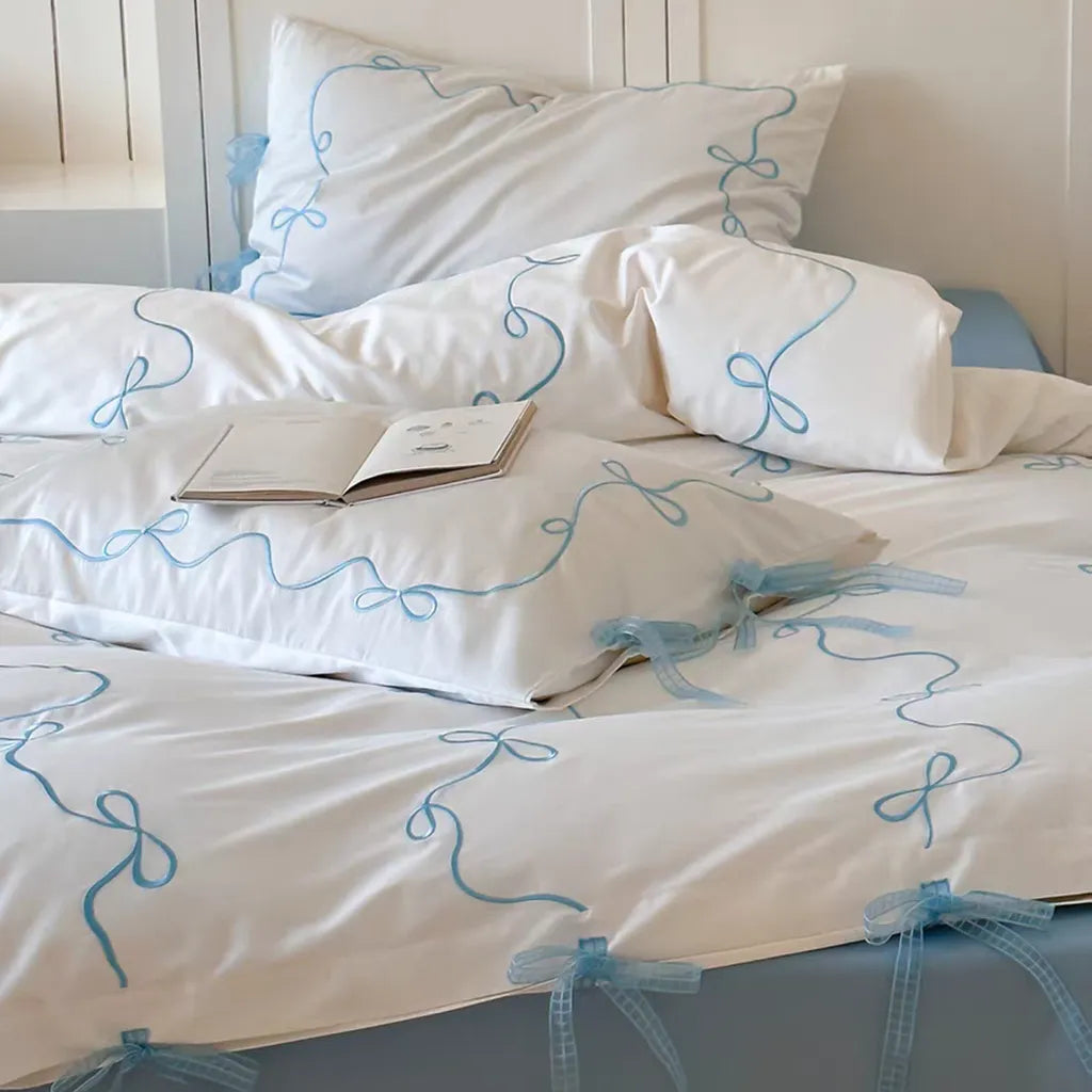 Coquette Bow Embroidery Bedding Set - Blue