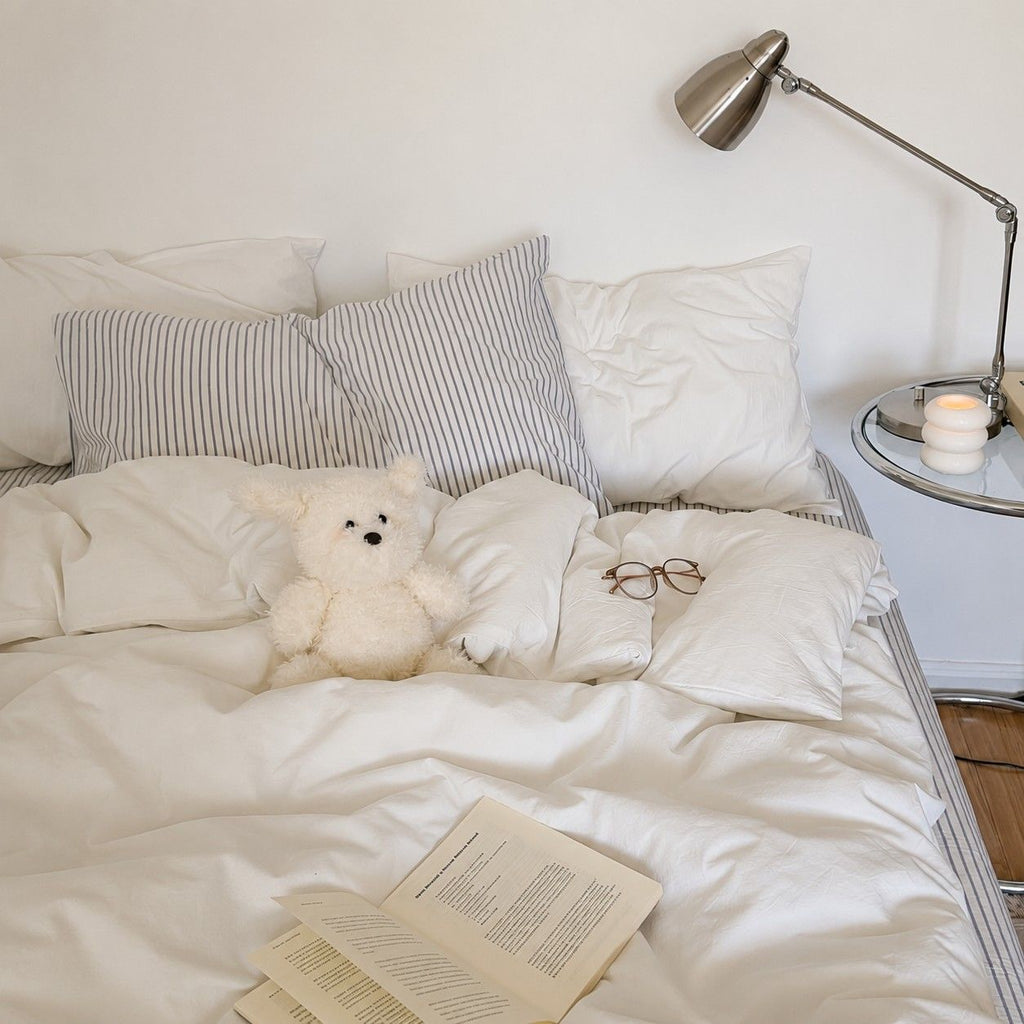 Vintora Minimalist Washed Cotton Striped Bedding Set  Airy All Season G97