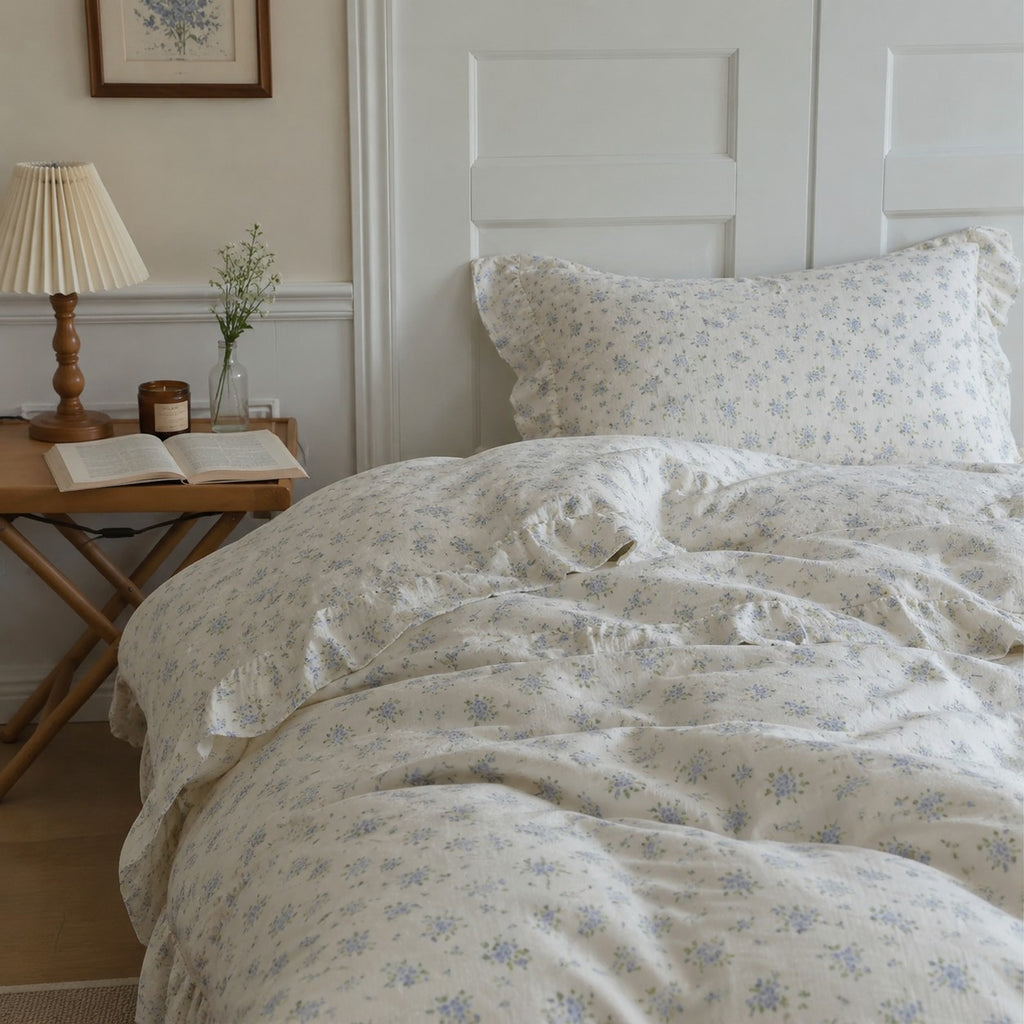Roselle Soft Blue Floral Cotton Bedding Set with Ruffle Edge G115
