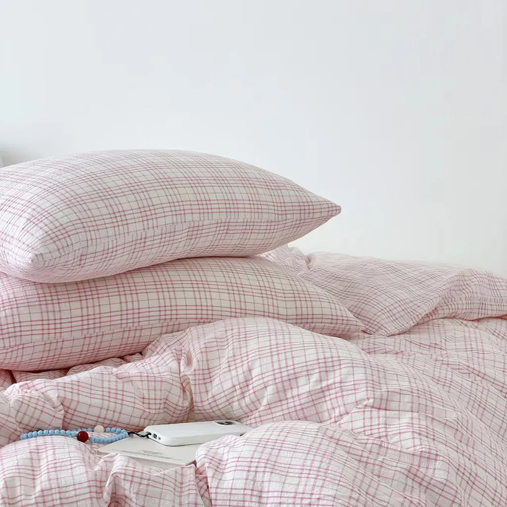 Soft Pink Plaid Cotton Duvet Cover